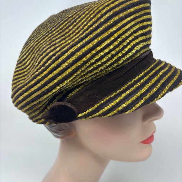 Vintage 50s Newsboy Hat Womens Striped Yellow Brown Knit Beret Cap main image 12